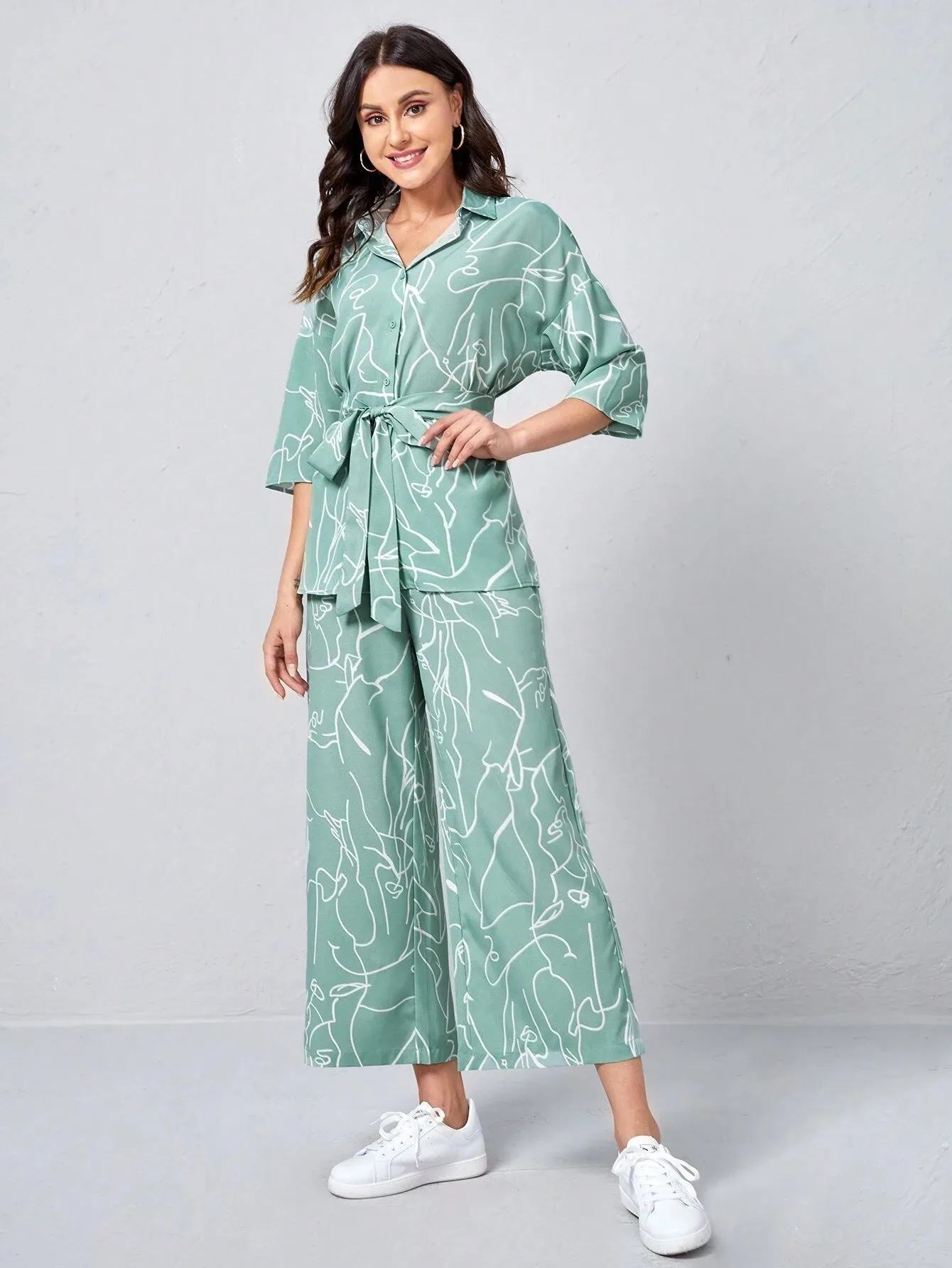 SHEIN Clasi Collared Self Belted Allover Print Blouse & Wide Leg Pants Set