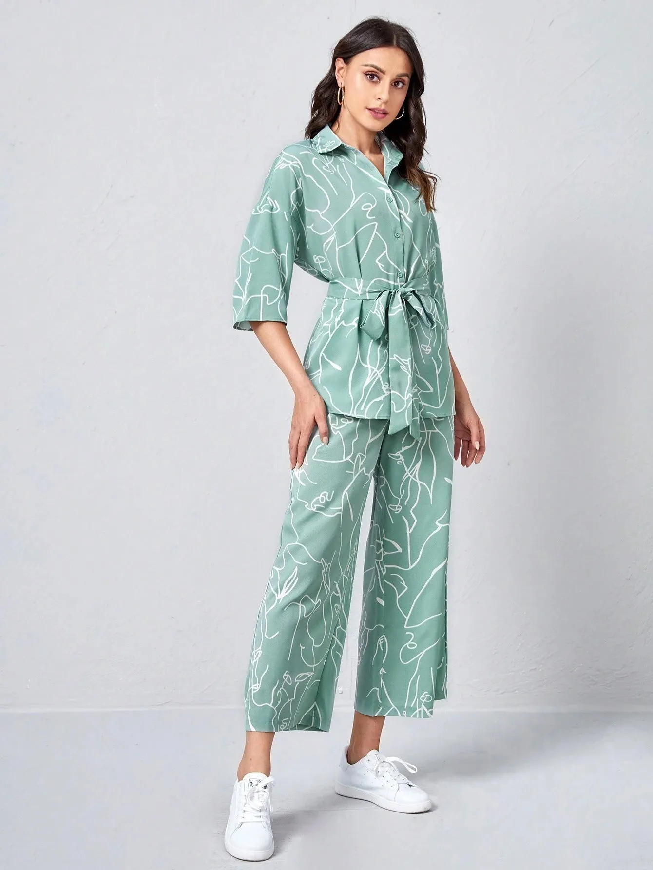 SHEIN Clasi Collared Self Belted Allover Print Blouse & Wide Leg Pants Set