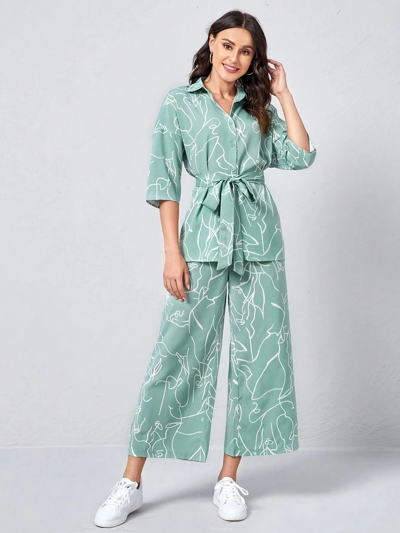 SHEIN Clasi Collared Self Belted Allover Print Blouse & Wide Leg Pants Set