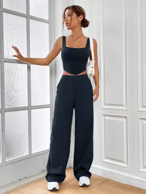 SHEIN EZwear Solid Asymmetrical Hem Tank Top & Wide Leg Pants