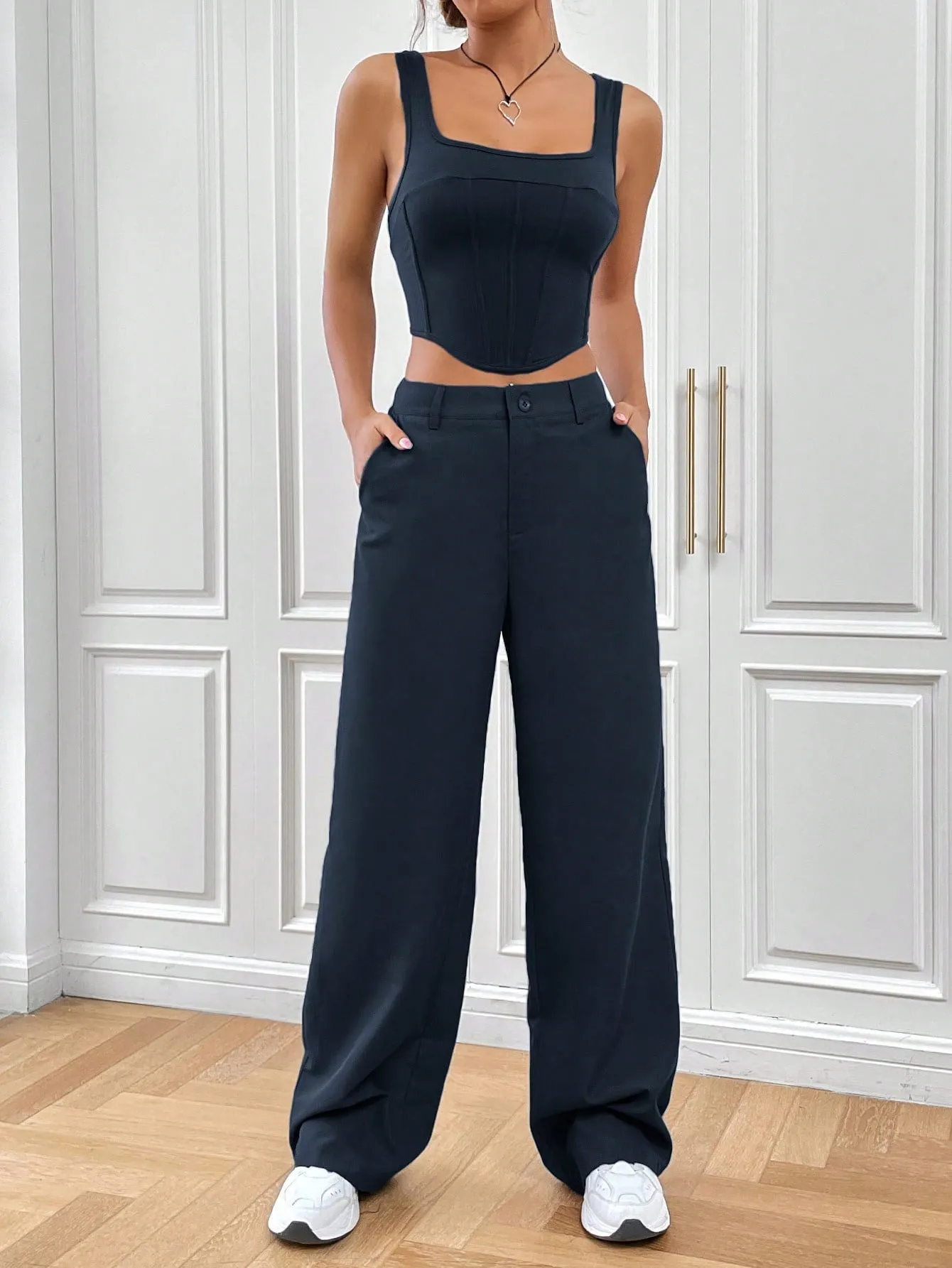 SHEIN EZwear Solid Asymmetrical Hem Tank Top & Wide Leg Pants