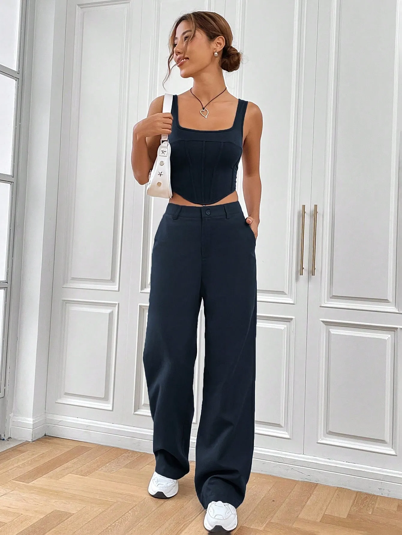 SHEIN EZwear Solid Asymmetrical Hem Tank Top & Wide Leg Pants