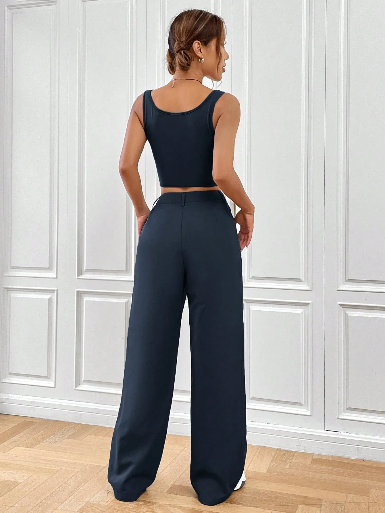 SHEIN EZwear Solid Asymmetrical Hem Tank Top & Wide Leg Pants