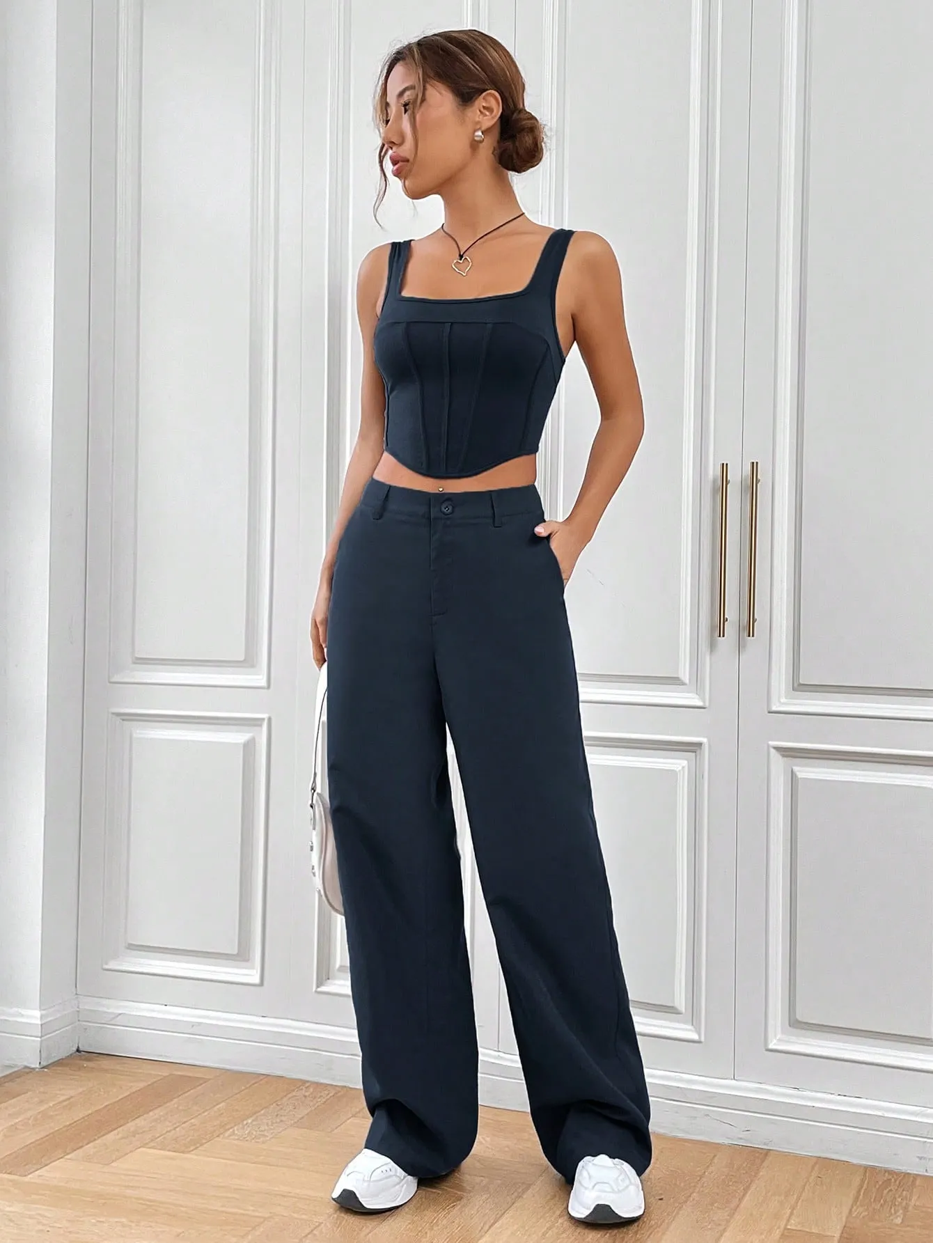 SHEIN EZwear Solid Asymmetrical Hem Tank Top & Wide Leg Pants