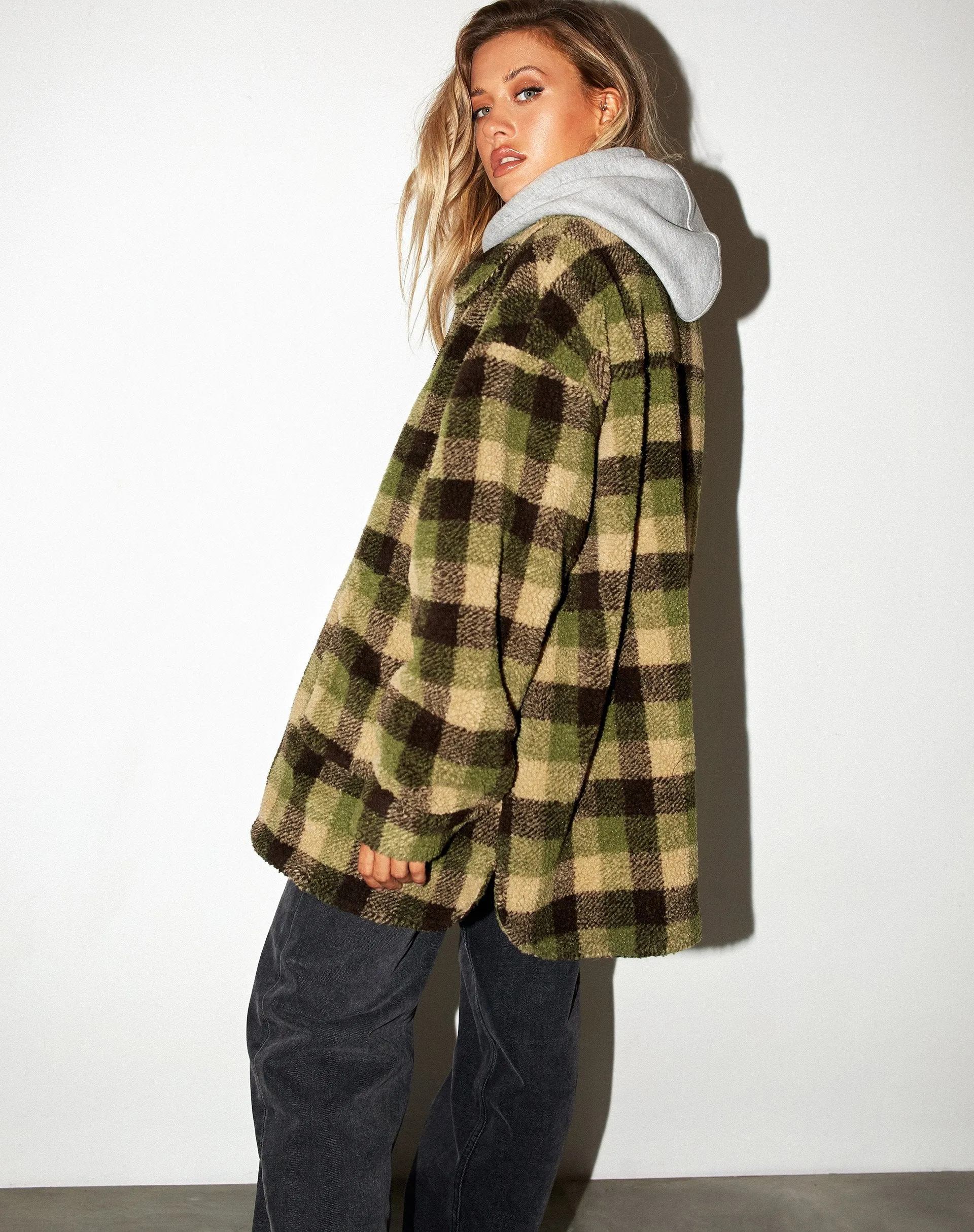 Teddy Coat in Green Check Borg