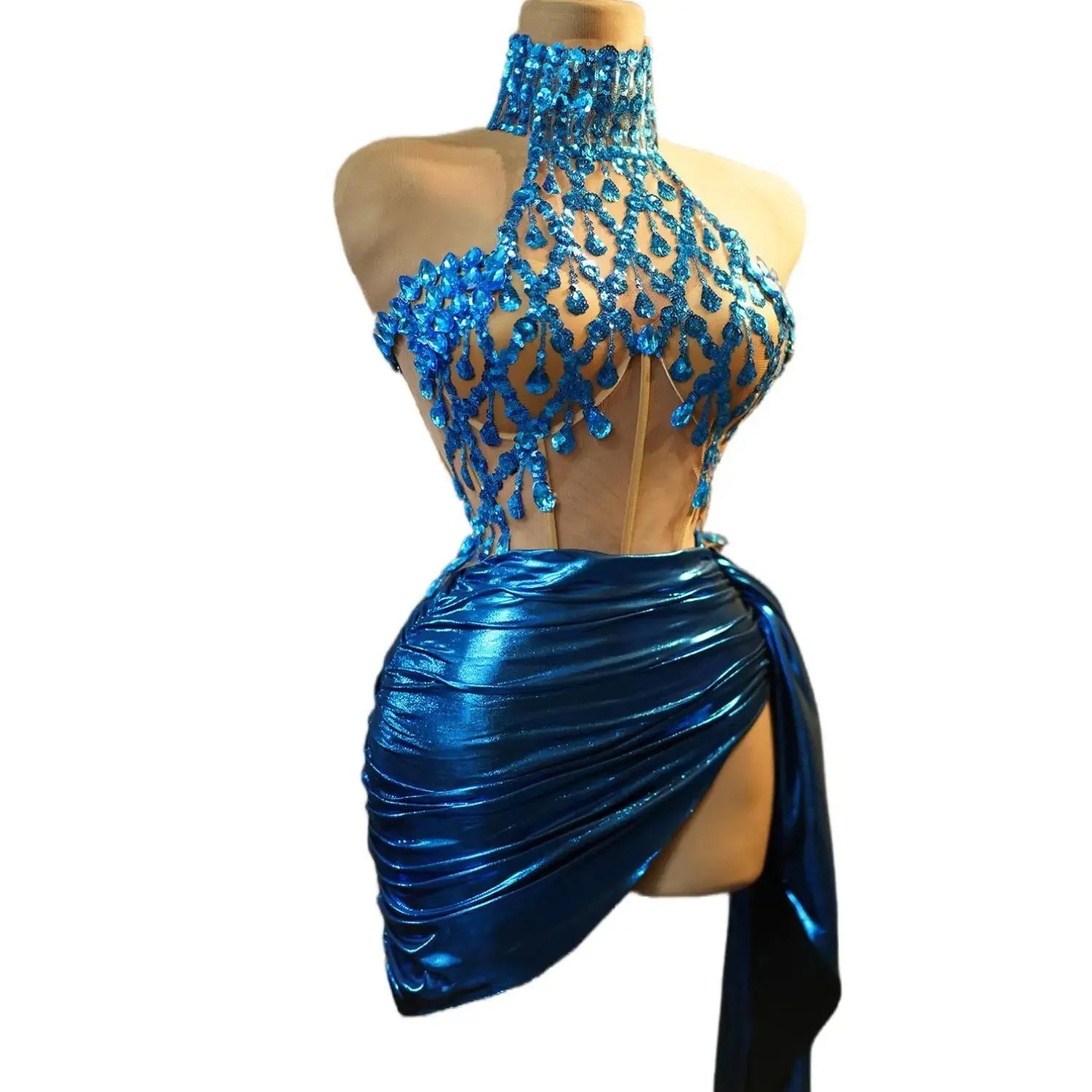 Trendy  Blue Rhinestone Crop Top And Bottom Set