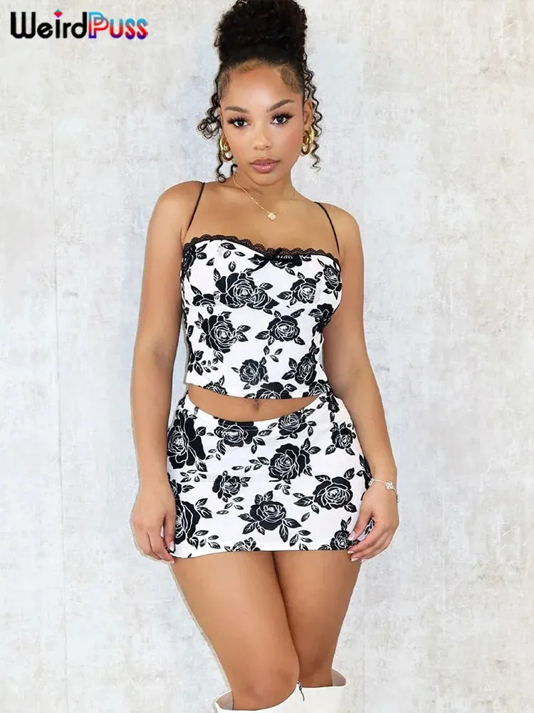 Trendy Flower Print Lace Camisole And Skirt Set