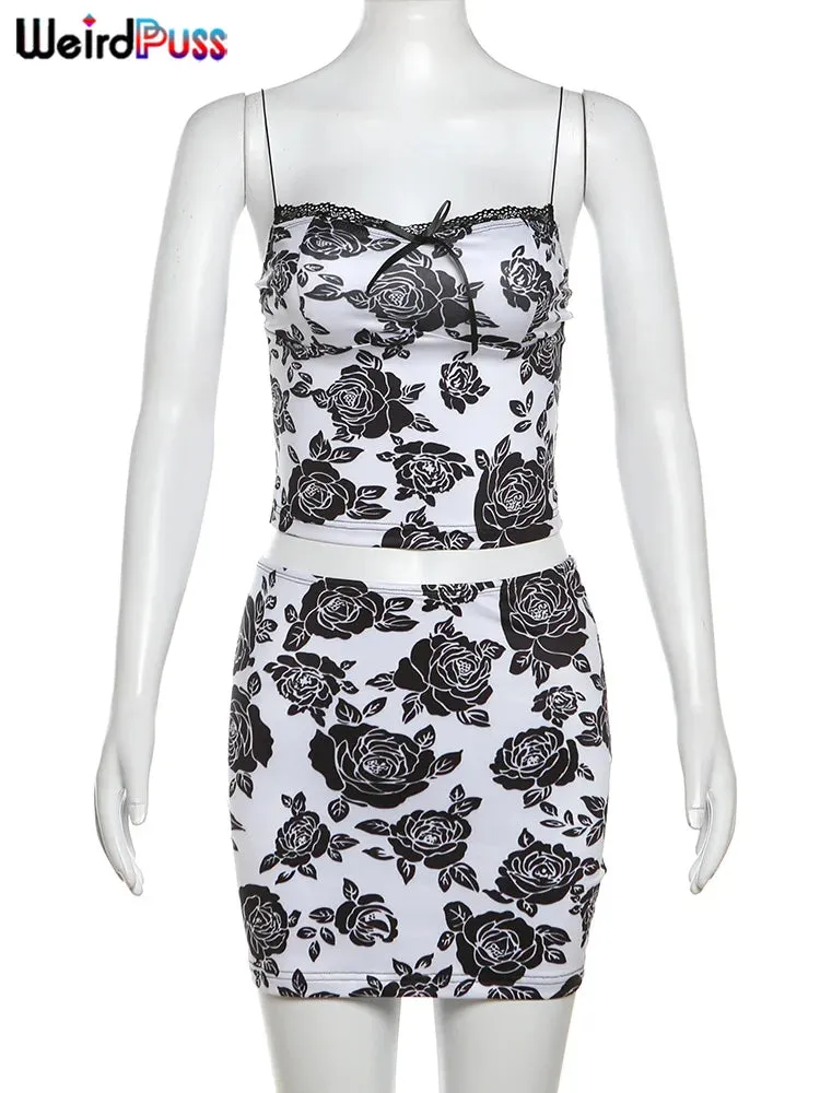 Trendy Flower Print Lace Camisole And Skirt Set