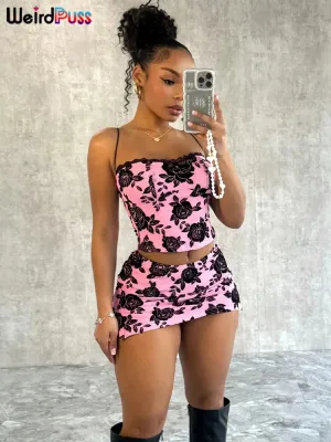 Trendy Flower Print Lace Camisole And Skirt Set