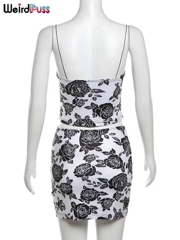 Trendy Flower Print Lace Camisole And Skirt Set