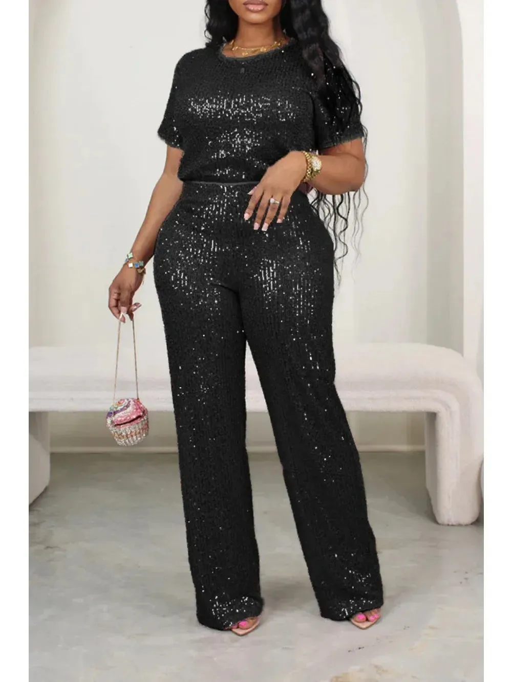 Trendy Sequins Two Piece Solid Short Sleeve Set