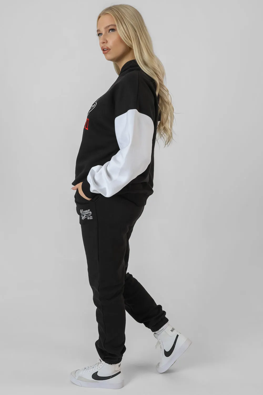 Varsity Contrast Sleeve Hoodie Black