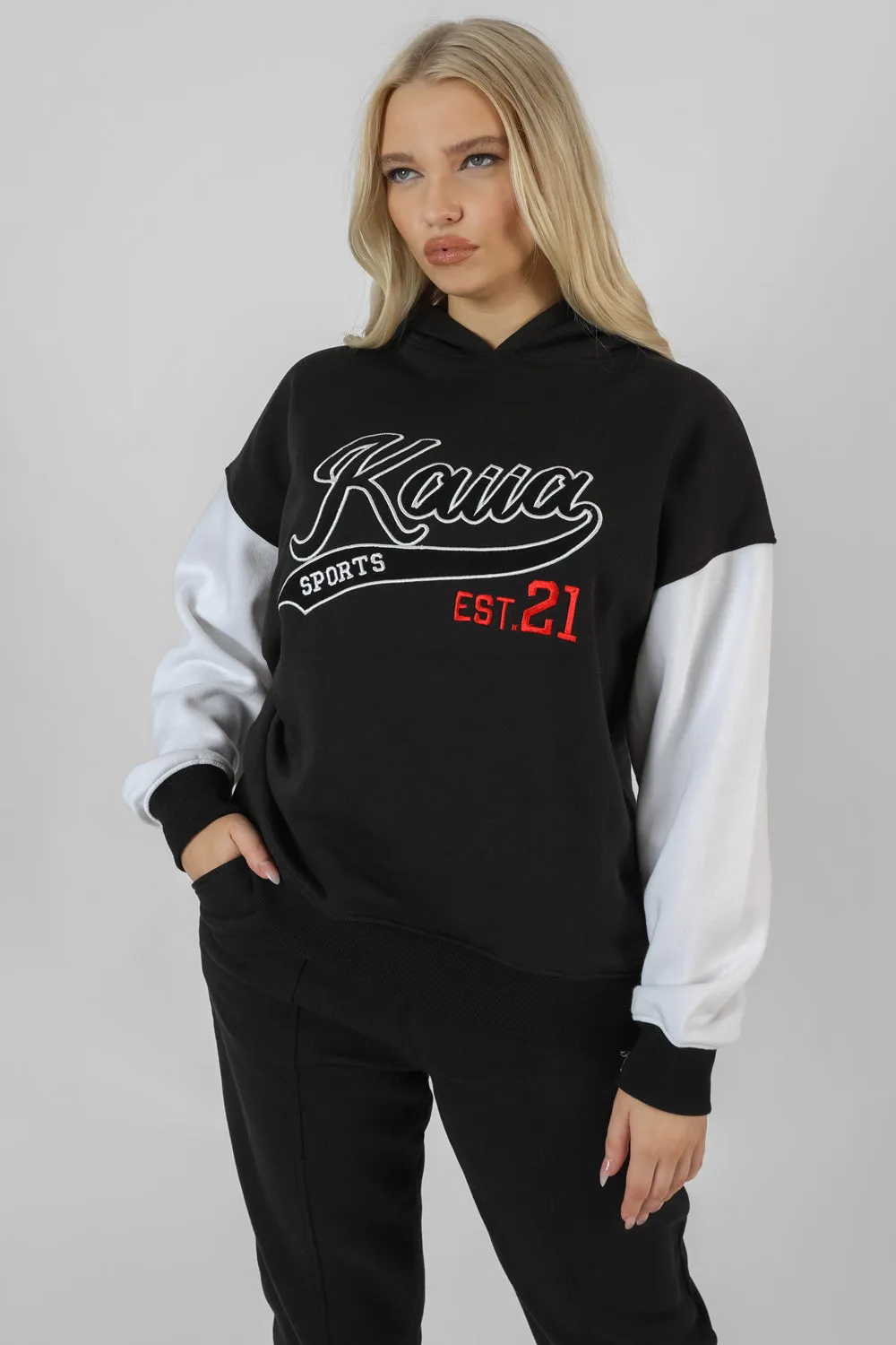 Varsity Contrast Sleeve Hoodie Black