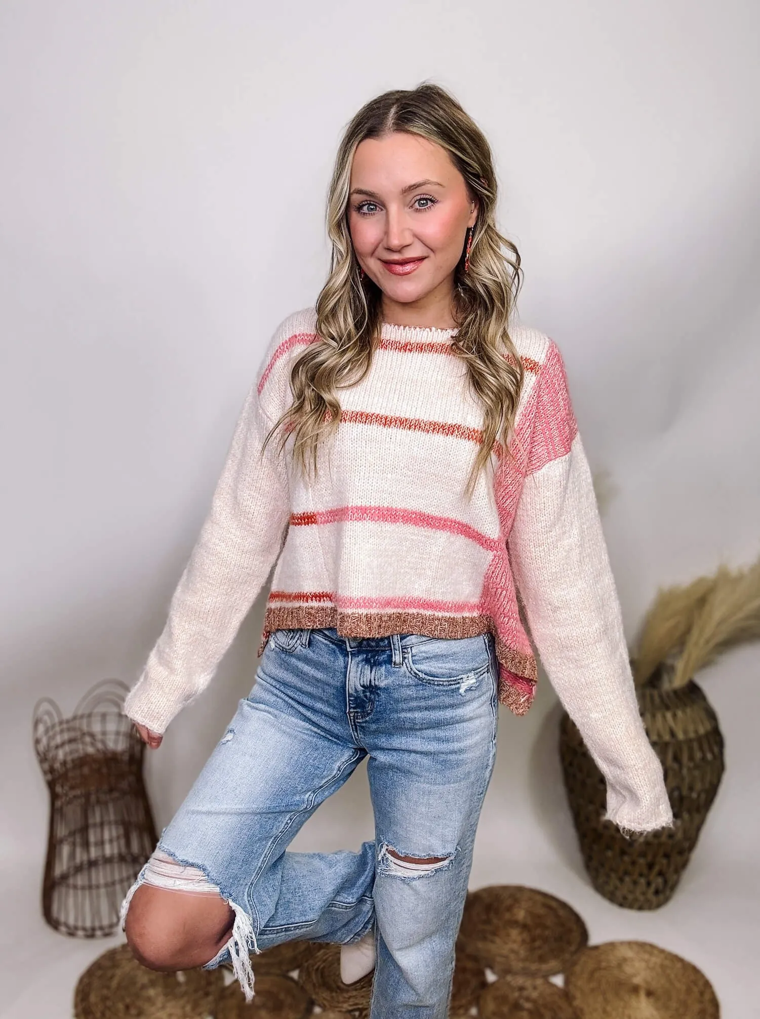 White and Pink Striped Sweater