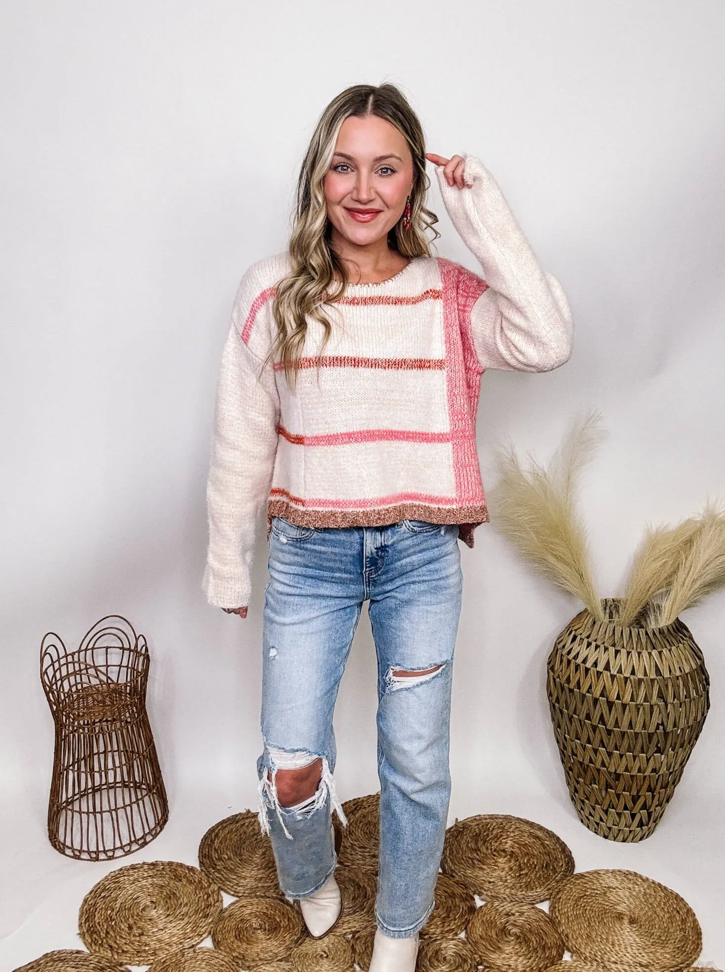 White and Pink Striped Sweater