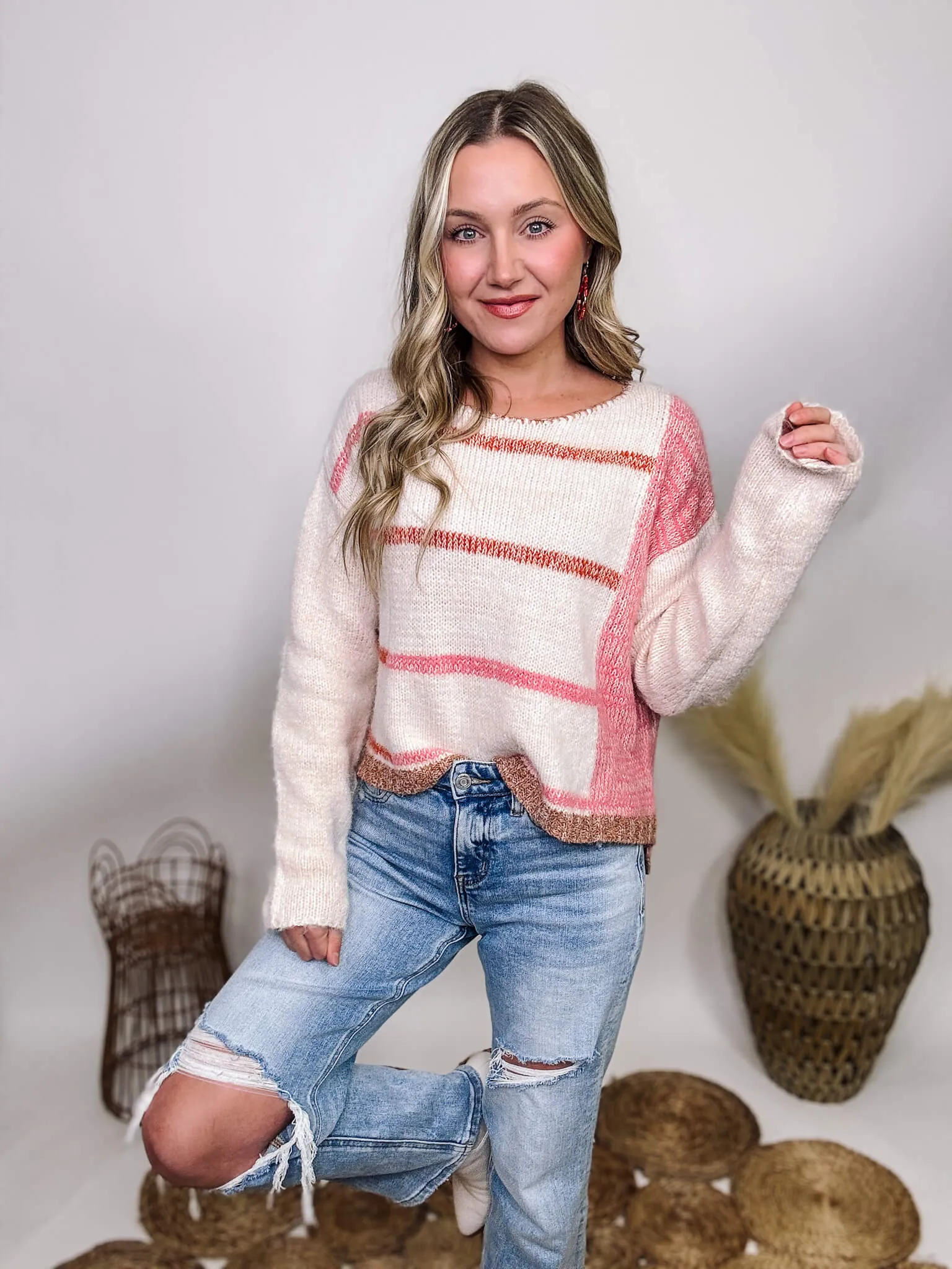 White and Pink Striped Sweater