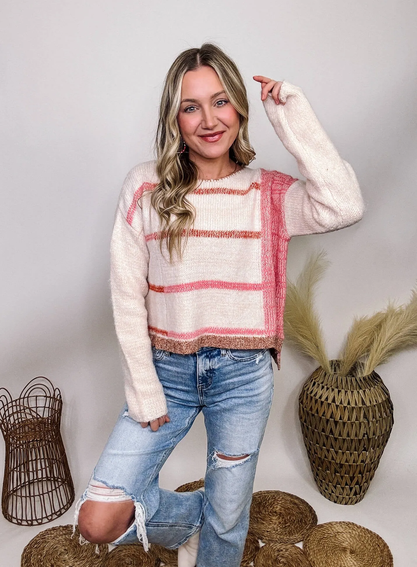 White and Pink Striped Sweater