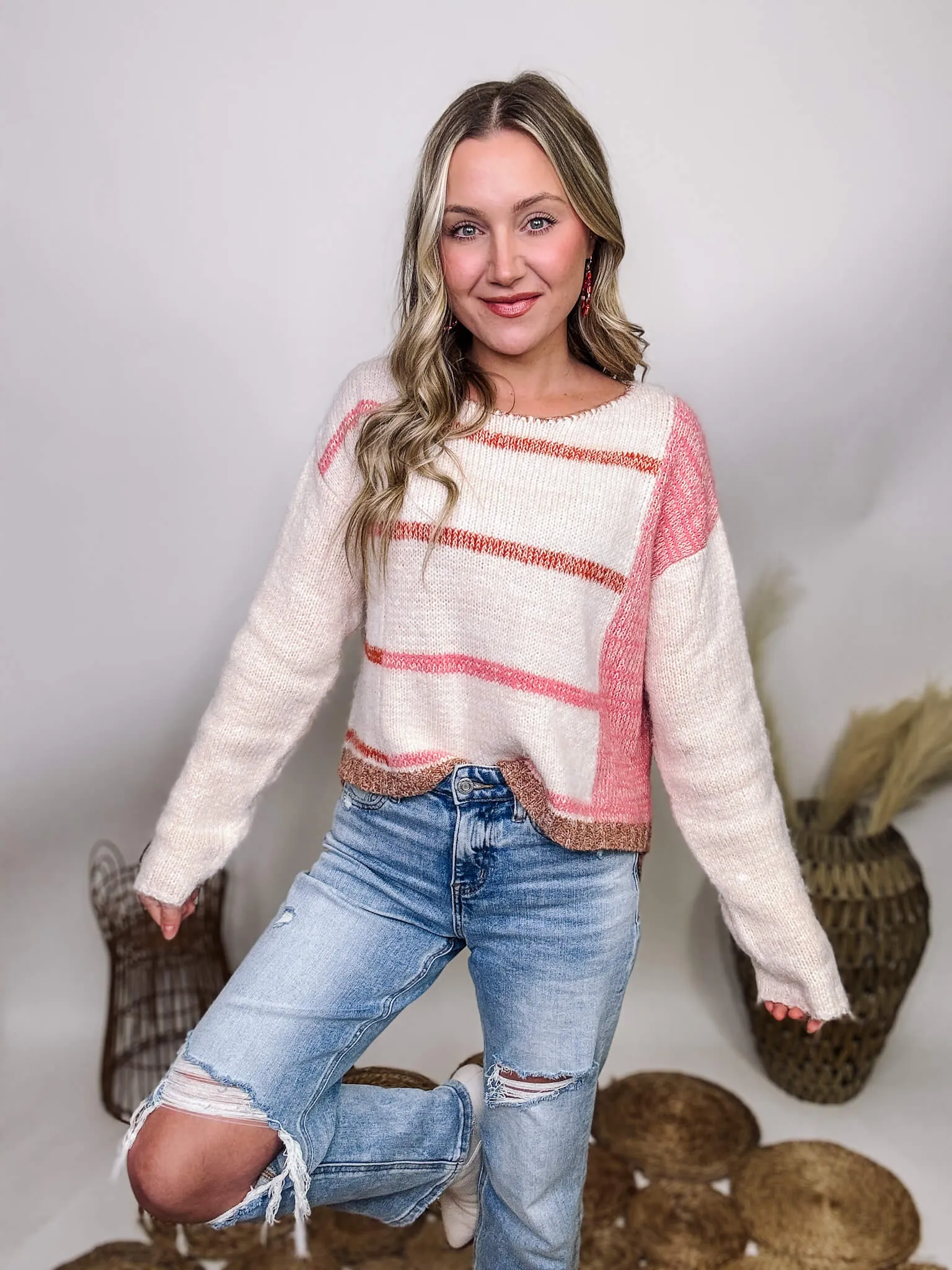 White and Pink Striped Sweater