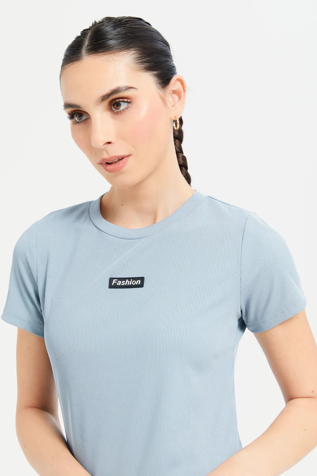 Women Blue Plain Rib T-Shirt