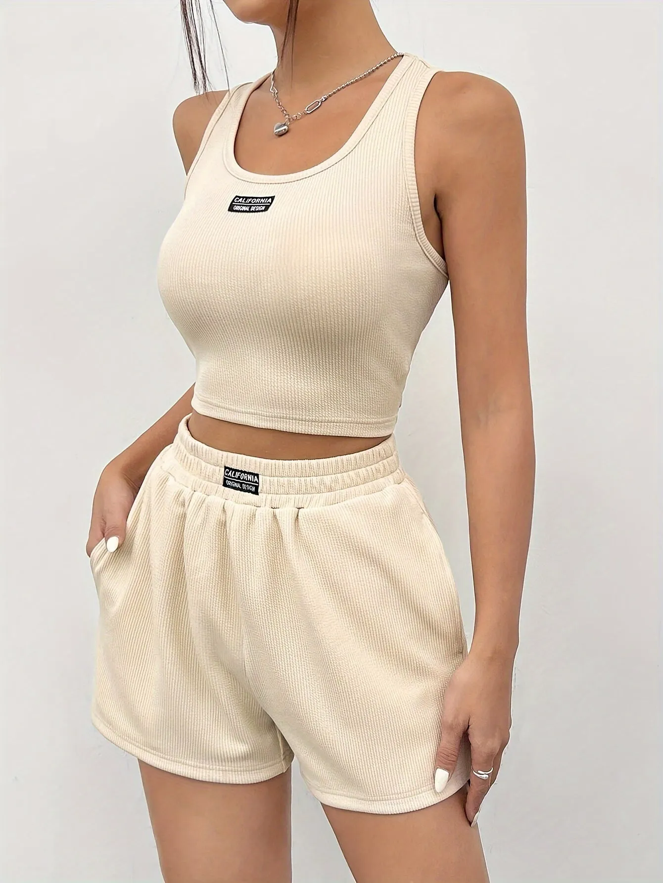 Women's Casual Pantsuits - Patched Detail Square Neck Tank Top and Elastic Waist Shorts Outfits with Comfortable Fit