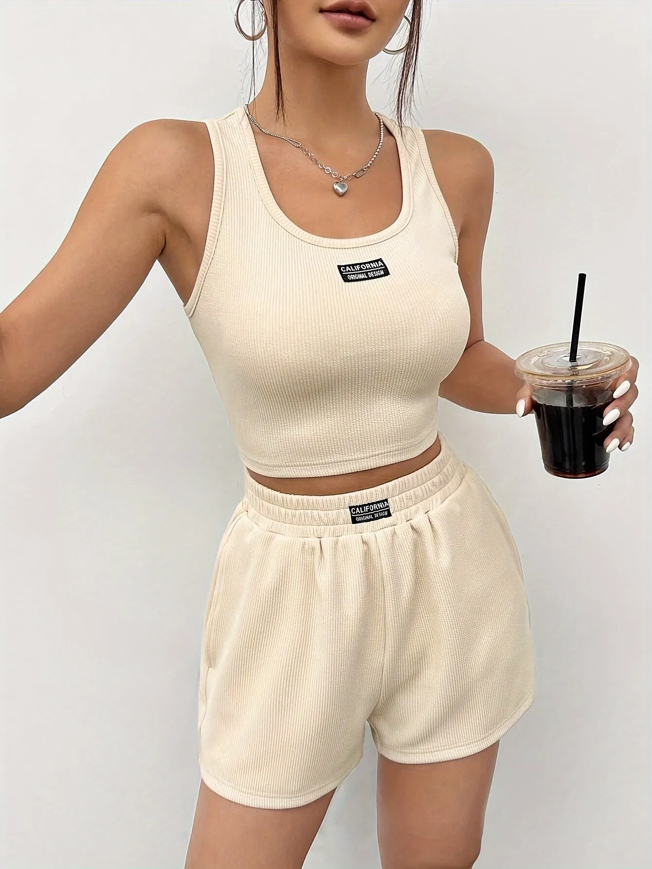 Women's Casual Pantsuits - Patched Detail Square Neck Tank Top and Elastic Waist Shorts Outfits with Comfortable Fit